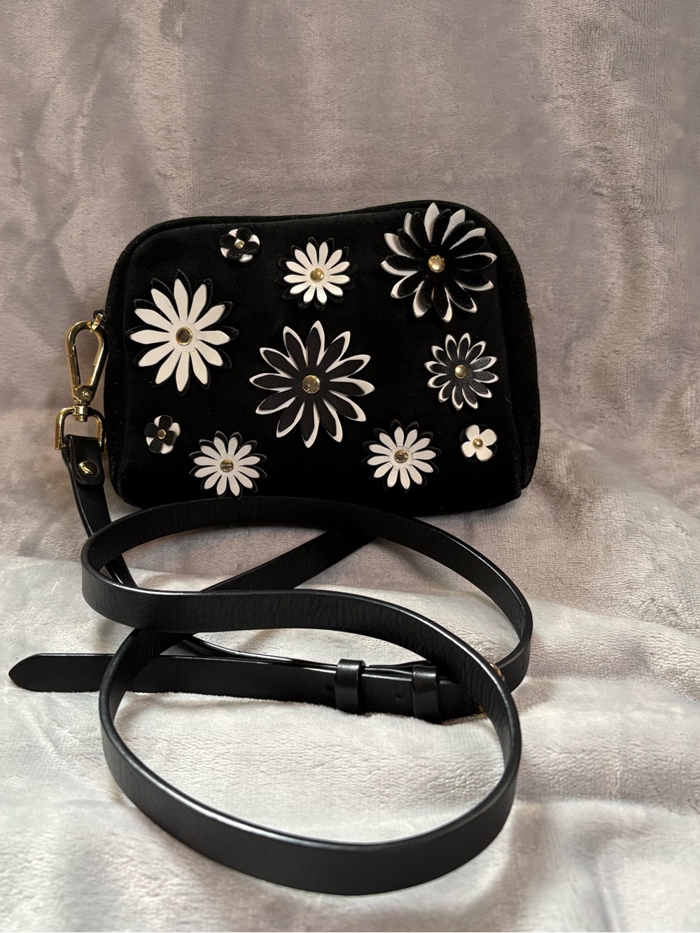 Vintage Isaac Mizrahi Black Suede Daisy Detail Crossbody Bag